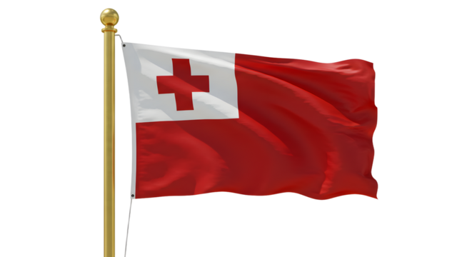 Tonga national flag waving on flagpole isolated on white background, symbol of Polynesian country, perfect for cultural and travel themes