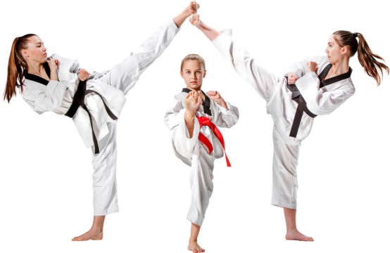 Young martial arts students kicking in unison with central athlete striking forward pose. Concept of taekwondo performance, youth sports campaigns, and discipline branding. Transparent background.