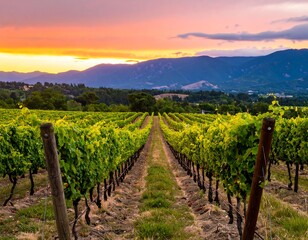Fototapeta premium Vineyard at sunset with mountains