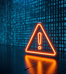 Amber Cyber Warning Icon on Binary Number Data Wall