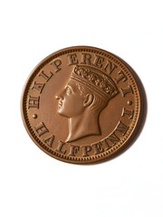 Ancient Copper English coin halfpenny. Obverse. Isolated on white