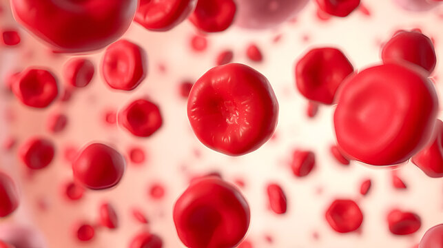 Primary myelofibrosis (PMF) cells in blood flow - closeup view 3d illustration