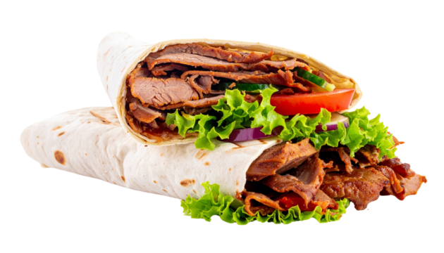 Close-Up of Döner Kebab in Flatbread with Fresh Salad, Isolated on White Background
