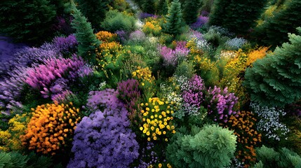 Obraz premium Vibrant aerial top-down photo of a lush summer meadow, showcasing a diverse tapestry of colorful wildflowers in purple, orange, and yellow.