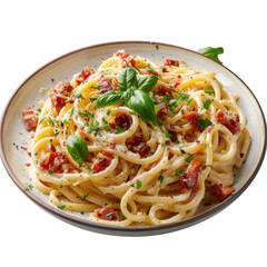 Classic Italian pasta carbonara on ceramic plate, isolated white and transparent background.