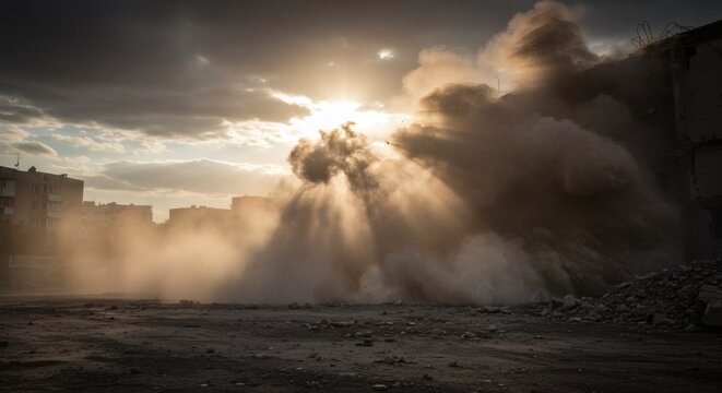 Demolition dust cloud illuminated by dramatic sun rays in an urban environment