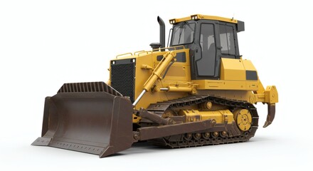 Fototapeta premium Yellow heavy-duty bulldozer isolated on white background. Industrial earthmoving and construction machinery.
