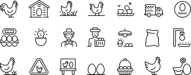 Chicken farming icons, egg production, poultry farm, organic eggs, farmer market, chicken coop, hatching chicks, food supply chain, agriculture, flat vector illustration © Khadija Creatives