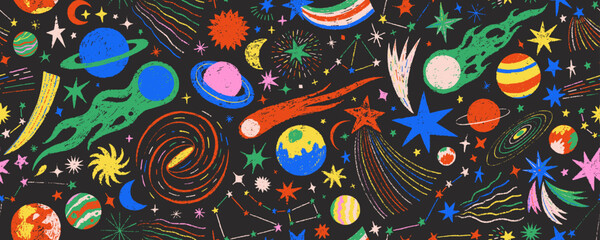 Cosmic night sky with colorful constellations seamless pattern. Crayon drawn kid stars, comets and planets background. Cosmic stars in darkness space vector print. Childish wrapping paper design.