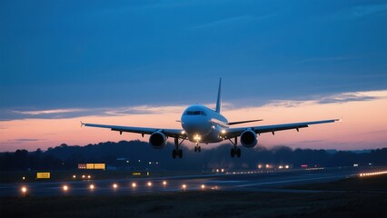 Obraz premium Passenger Airplane Landing on Runway During Sunset with Dark Sky and Bright Lights