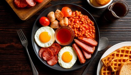 Hearty full english breakfast with crispy bacon, sunny side up eggs, sausages, baked beans, grilled tomatoes spread across weathered wooden surface, accompanied by steaming coffee
