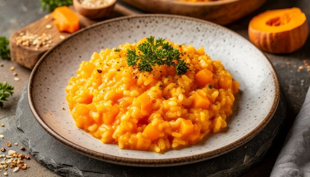 Creamy pumpkin risotto resting on speckled ceramic plate, vibrant parsley leaves and freshly ground black pepper adding color and flavor to comforting autumn dish
