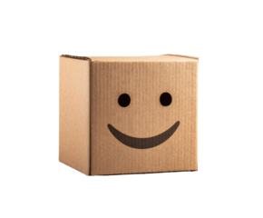 Happy cardboard box with smiley face for delivery or packaging ideas. Cut out PNG