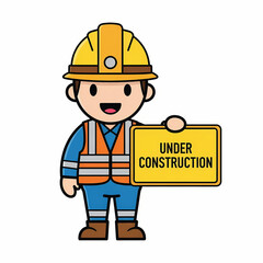 Vector illustration of cartoon construction worker holding an under construction sign