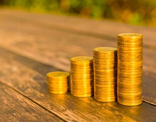 Golden coins stacked in ascending order on a wooden table