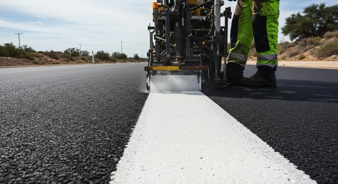 Road worker painting a fresh white line on new asphalt pavement with a road marking machine. - Powered by Adobe