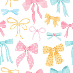seamless watercolor pattern with cute bows and ribbons