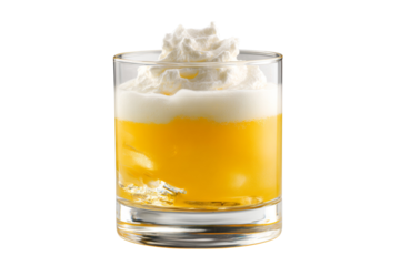 A glass of liquid with a white cloud of whipped cream on top