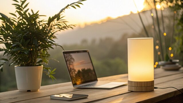 A modern workspace with a lamp, laptop, plant, smartphone and notebook on a wooden table, illuminated by the warm glow of a sunset