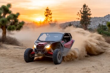 Off-road adventure at sunset with dune buggy in desert terrain