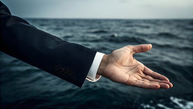 businessman in suits shows hand in the sea, symbolizing a successful partnership and a fresh deal