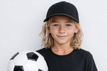 Blonde boy in cap with soccer ball, confident young athlete look