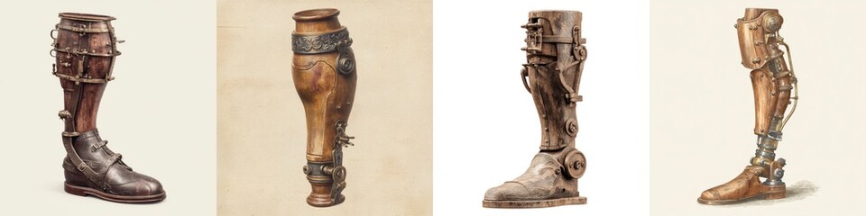 Collection of detailed steampunk prosthetic legs and mechanical leg models with vintage wooden and metal parts for industrial, sci-fi, or futuristic design concepts