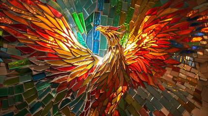 A phoenix made of shattered stained glass 