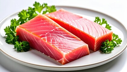 High-resolution image of fresh raw tuna steaks on a white plate, garnished with parsley, ideal for culinary and food industry applications.