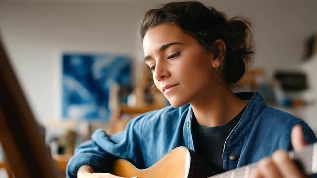 Cozy home setting with a person immersed in creative activities with dedication representing artistic expression, joyful living, personal growth, home leisure, emotional balance, mindful creativity