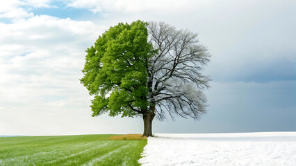 Conceptual image of a tree transitioning from lush green summer to stark white winter, symbolizing the cycle of life and change.