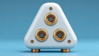 White triangular audio device with gold accents
