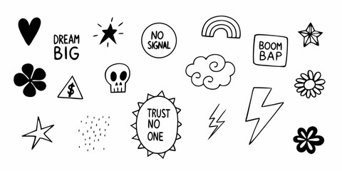 Fototapeta premium Collection of doodle style icons including heart star skull cloud and other graphic elements design on transparent background
