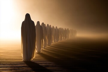 Hooded figures walking into misty light, symbolic afterlife procession