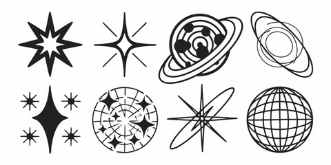 Illustration showcasing various celestial elements including stars planets and a stylized earth globe design on transparent background