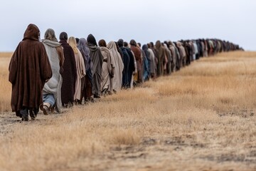 Line of people in robes walking, symbolic exile or pilgrimage scene