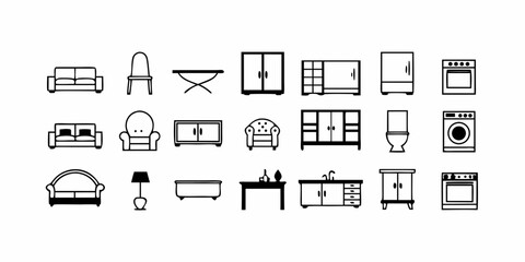 A collection of minimalist furniture icons including sofas chairs tables and appliances in black and white on transparent background