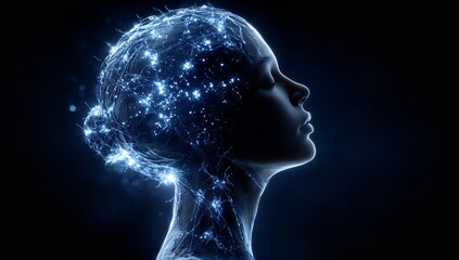 Obraz premium Artistic rendering of a human head with illuminated brain pathways, glowing synapses, and soft light effects on facial contours, set against a deep blue backdrop.