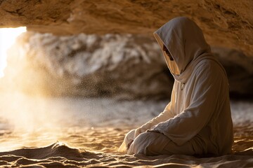 Man in white robe meditating in cave, spiritual desert retreat