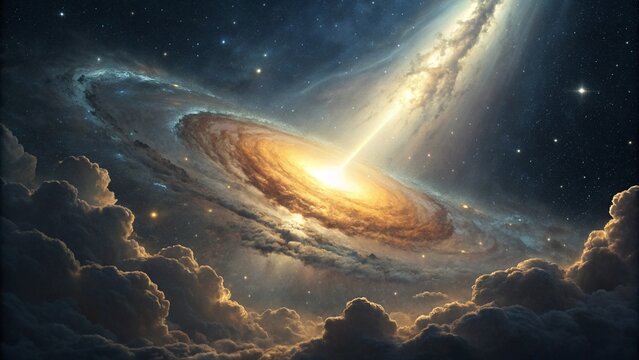 A mesmerizing view of a galaxy shining through the clouds, a celestial dance of light and color in the infinite expanse of the cosmos