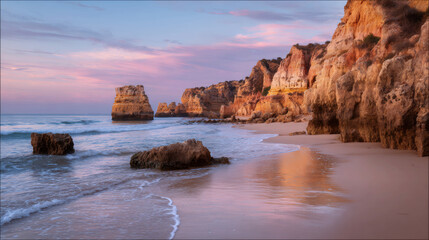 Colorful sunset over rugged cliffs and rocky beach along the shoreline in Algarve region, Portugal Generative AI