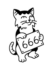 Humorous illustration of a cat holding a sign with the number 666