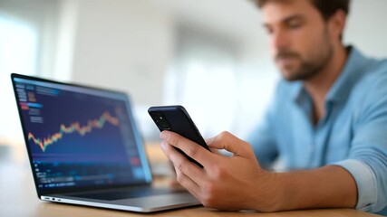 Modern workspace setting with a dedicated investor analyzing financial data on a laptop and smartphone representing investment strategy, financial analysis, digital trading, economic insights - Powered by Adobe