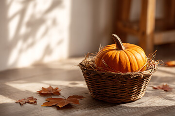 Autumn Still Life with Pumpkin in Basket