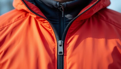 Zipper closeup on winter jacket in bright orange, providing waterproof protection with closed zipper and insulated hood, shielding wearer during cold weather outdoor pursuits