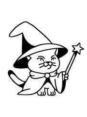 Cute illustration of a cat wearing a wizard hat and holding a wand