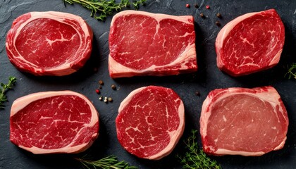 Raw rib eye steaks of different types and shapes lying on dark slate, sprinkled with colorful peppercorns, rosemary, and thyme, ready for searing and grilling on black background