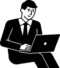 A man in a suit is sitting and working on his laptop computer
