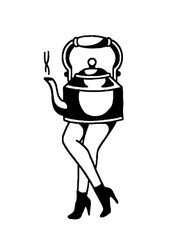 Fun illustration of a kettle with human legs and high heels