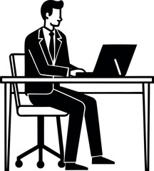 Silhouette illustration of a businessman working on a laptop at his desk